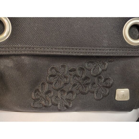 Haiku Large Wristlet Bag, Black, Embroidered Flower, Green Lining, Eco-Friendly - Picture 3 of 6